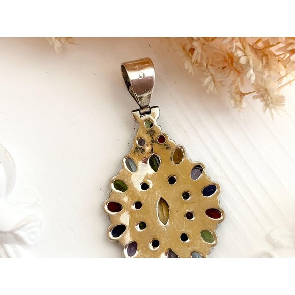 Rainbow Gemstone Art Deco Marquise Shaped Sterling Silver 925 Vintage Pendant - Picture 5 of 10